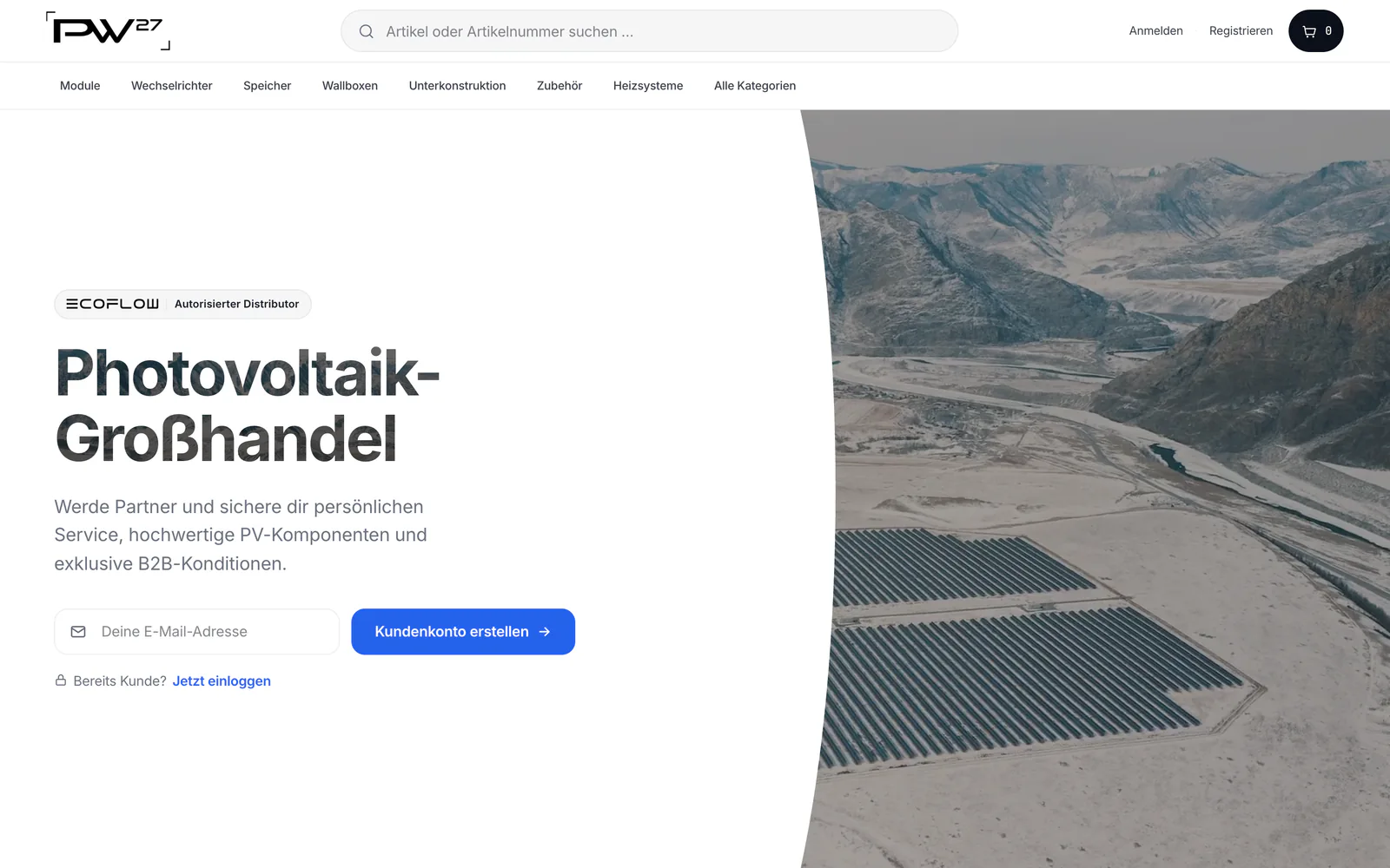 B2B-Shop shop.pw-27.com, Startseite: Photovoltaik-Großhandel für Fachpartner mit Kundenkonto.