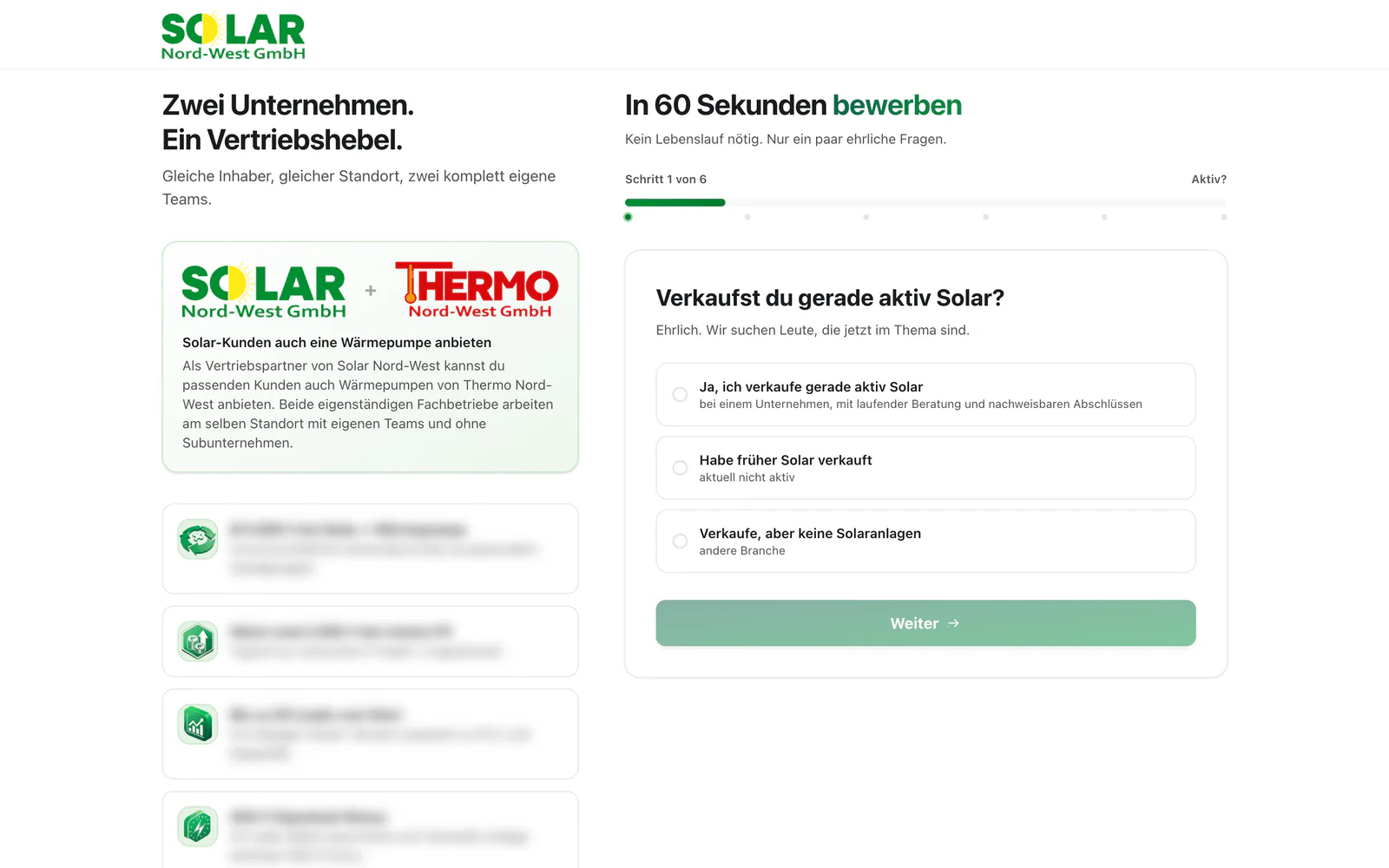 Bewerbungsseite karriere.solarnordwest.de: Solar Nord-West und Thermo Nord-West, Bewerbung in sechs Schritten. Zahlen der Seite unkenntlich.